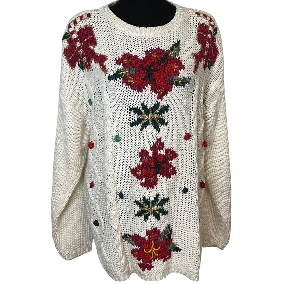 Shenanigans Vintage Hand Knitted Christmas Chunky Sweater Floral Holiday Knit L